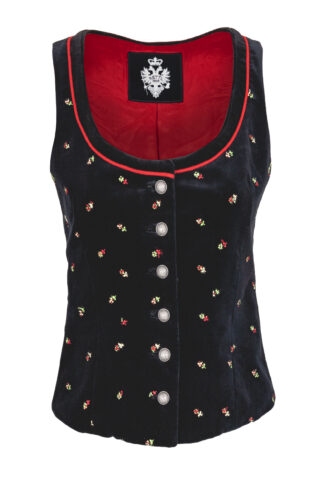 Damen-Gilet-Tessa-Blümlsamt-schwarz-Loden-rot-vorne